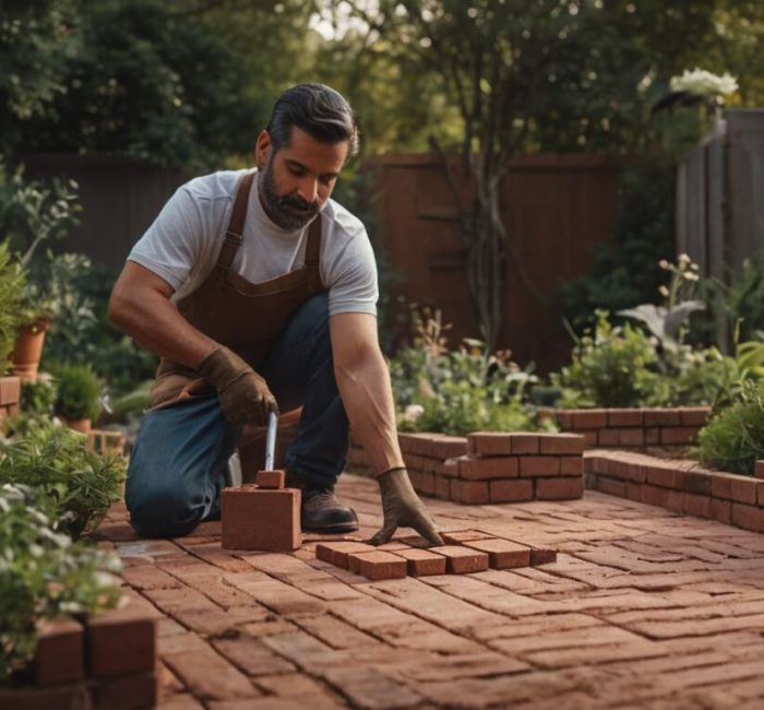 Default_professional_male_garender_laying_a_brick_path_in_a_ba_1